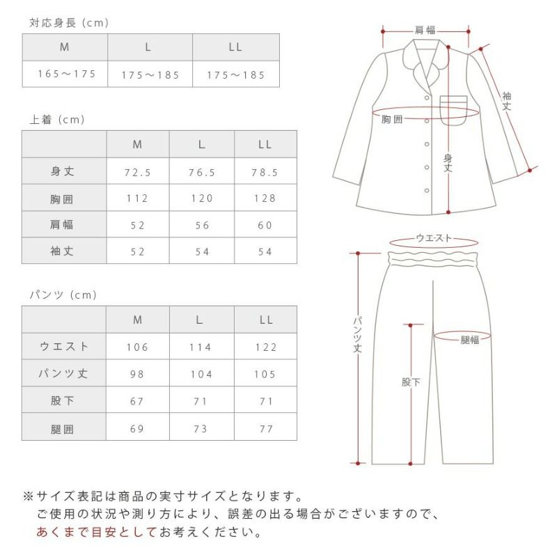 パジャマ メンズ M/L/LLサイズ 長袖・長ズボン 2重ガーゼ 無撚糸 綿100