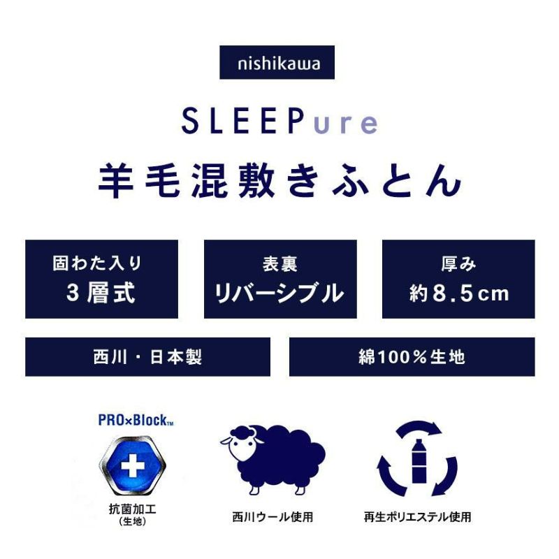 西川 羊毛混三層式固綿入り 敷き布団 スリーピュア シングルロング 100×210cm | ねごこち本舗 本店