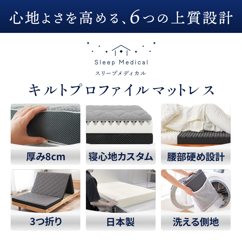 ハードマットレスシングル三つ折り高反発日本製自社製造【当社限定】国産3つ折り敷布団硬めプロファイルニットメッシュ通気性車中泊敷き布団腰痛ウレタン洗える8cm寝返りグレー【同梱不可】