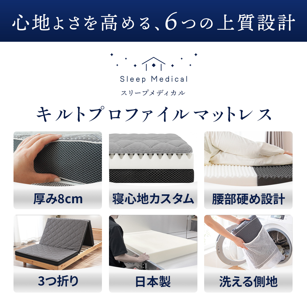 ハードマットレスシングル三つ折り高反発日本製自社製造【当社限定】国産3つ折り敷布団硬めプロファイルニットメッシュ通気性車中泊敷き布団腰痛ウレタン洗える8cm寝返りグレー【同梱不可】